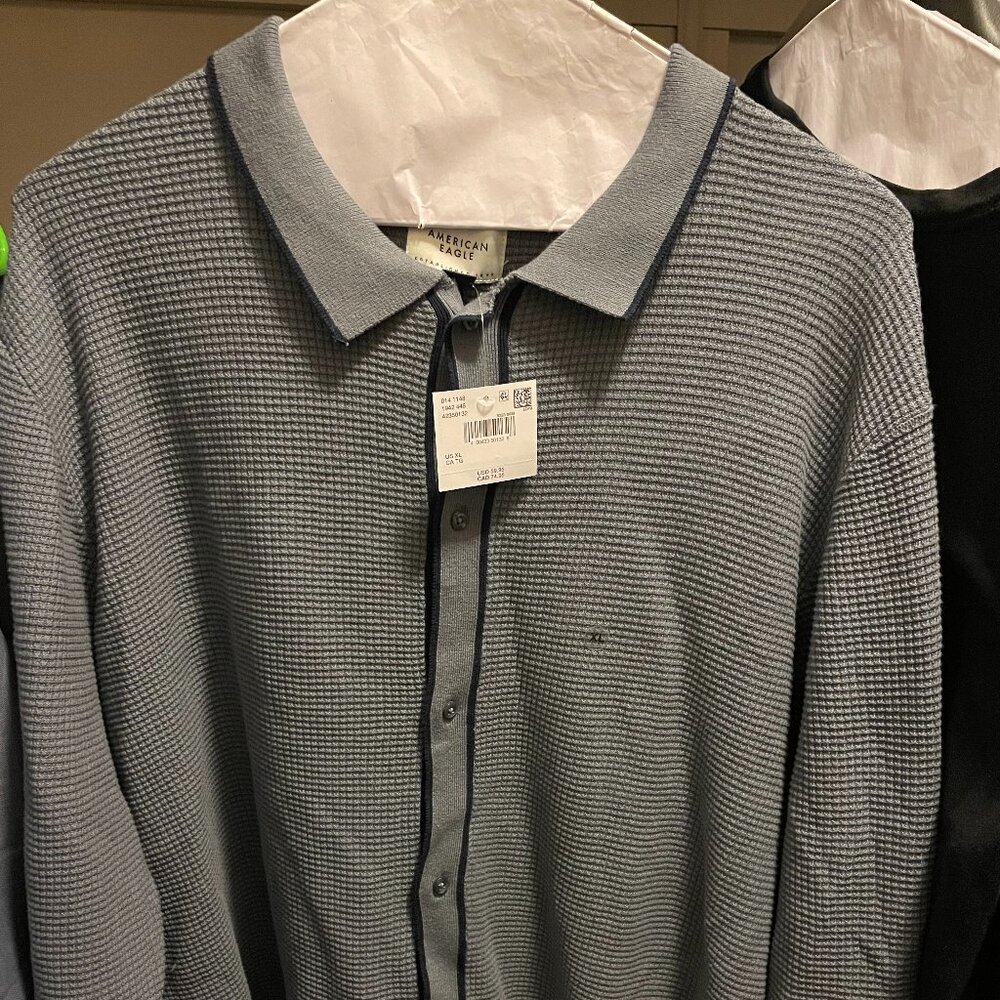 American Eagle Cardigan Long-Sleeve Tipped Waffle Sweater Polo XL